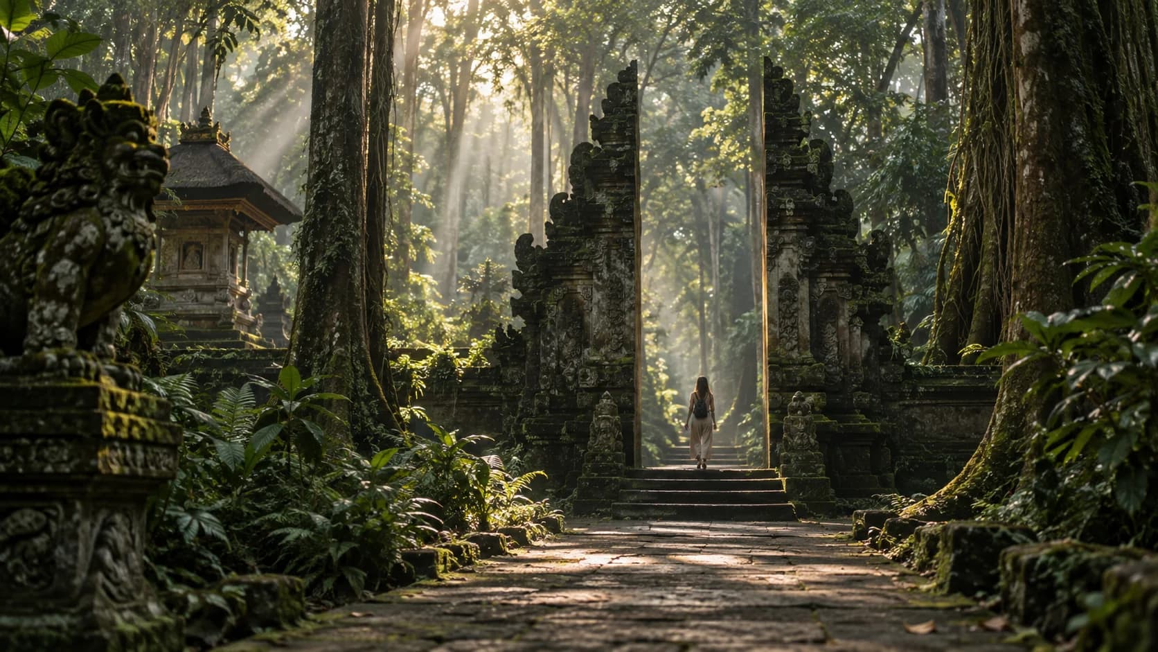 AI-generated illustration of a forest path and Balinese-style gateway for the Sangeh Experience.