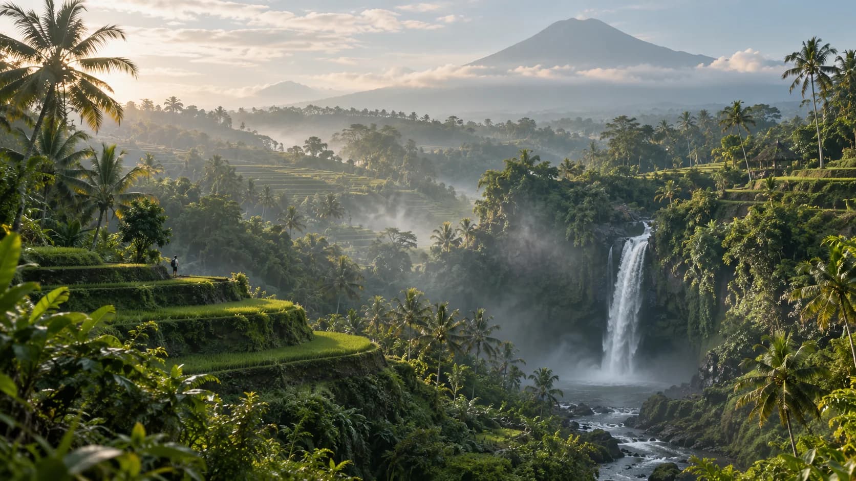 AI-generated illustration of rice terraces and a waterfall for the Tabanan Experience.