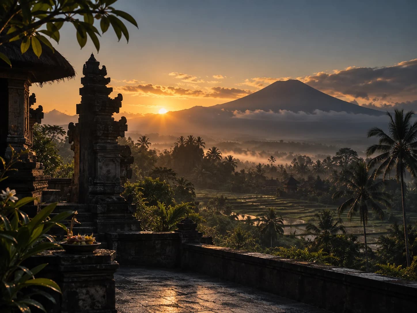 AI-generated illustrative Bali-inspired gateway, greenery, terraced landscape and mountain.